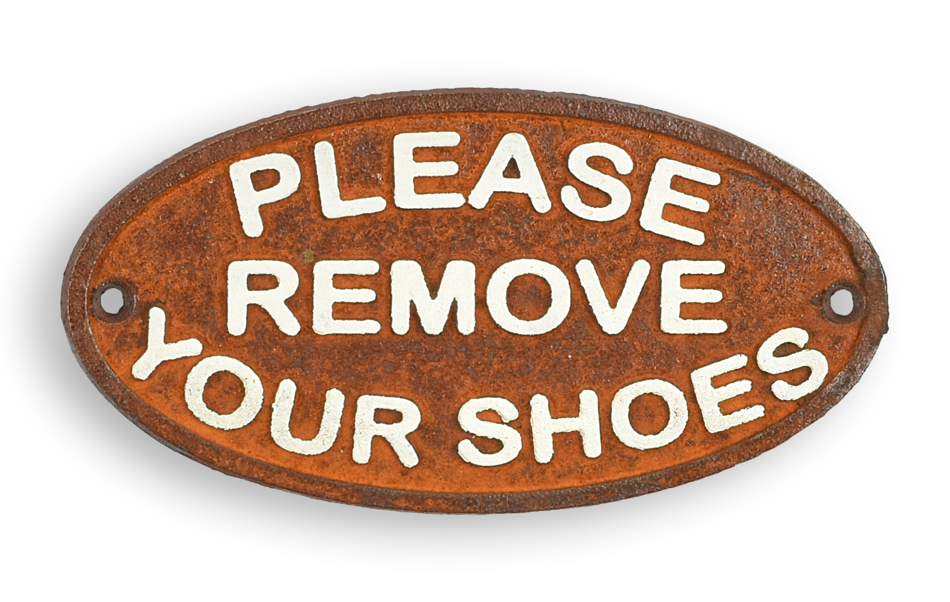 Una placa de hierro fundido con la inscripción «Por favor, quítese los zapatos». réplica diseño retro decoración