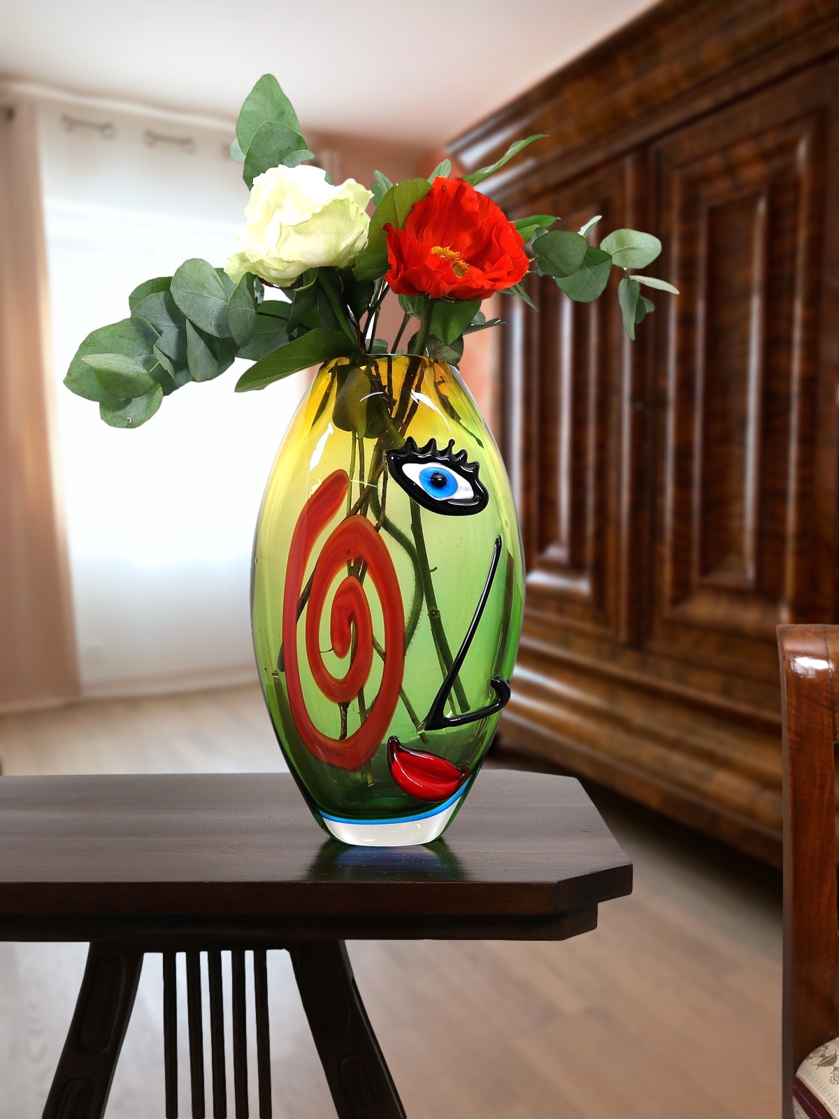 Glasvase Tischvase Gesicht Moderne Kunst im Murano-Antik-Stil Vase Glas Abstrakt