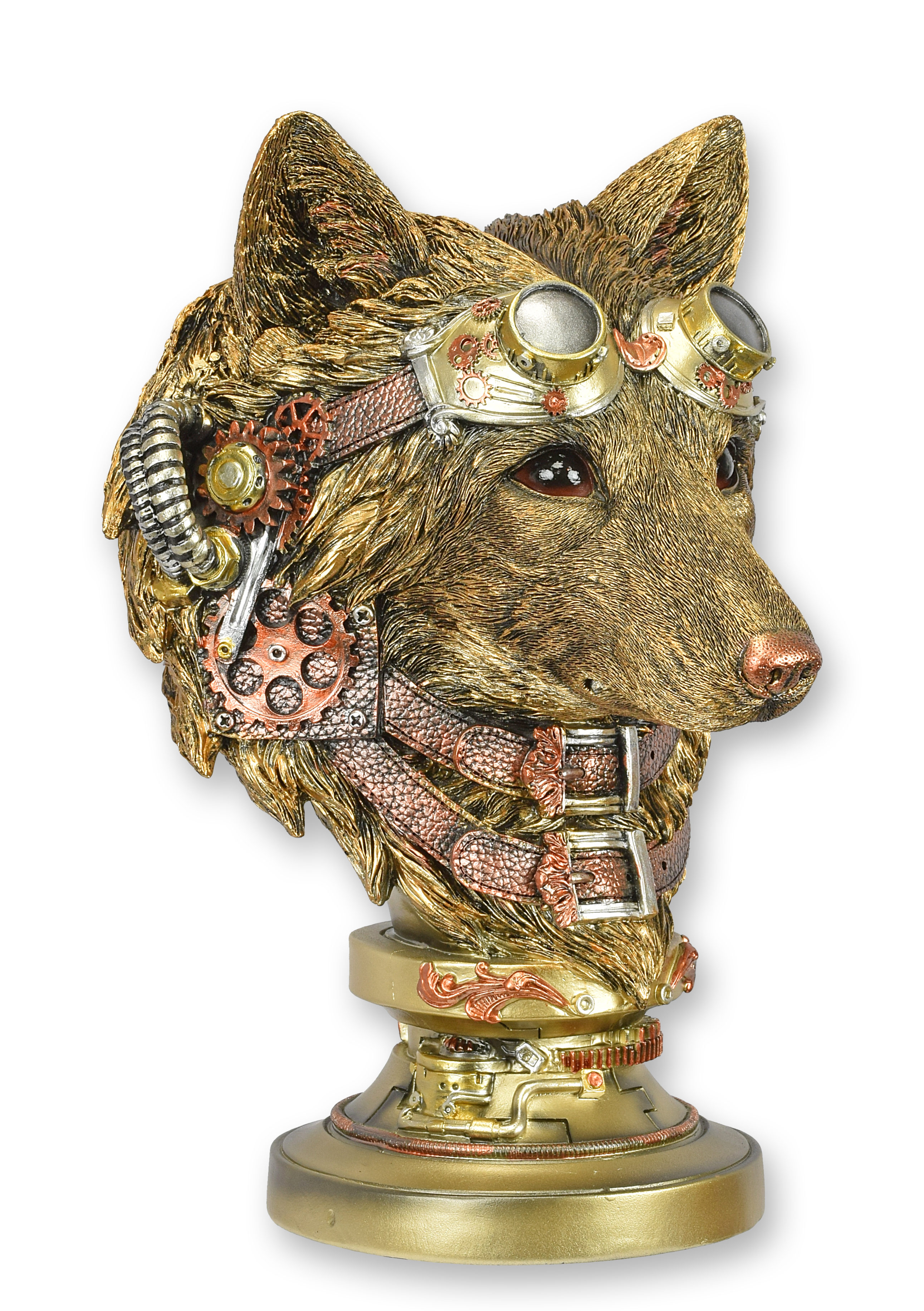 Un busto steampunk de resina de un lobo. réplica diseño retro decoración