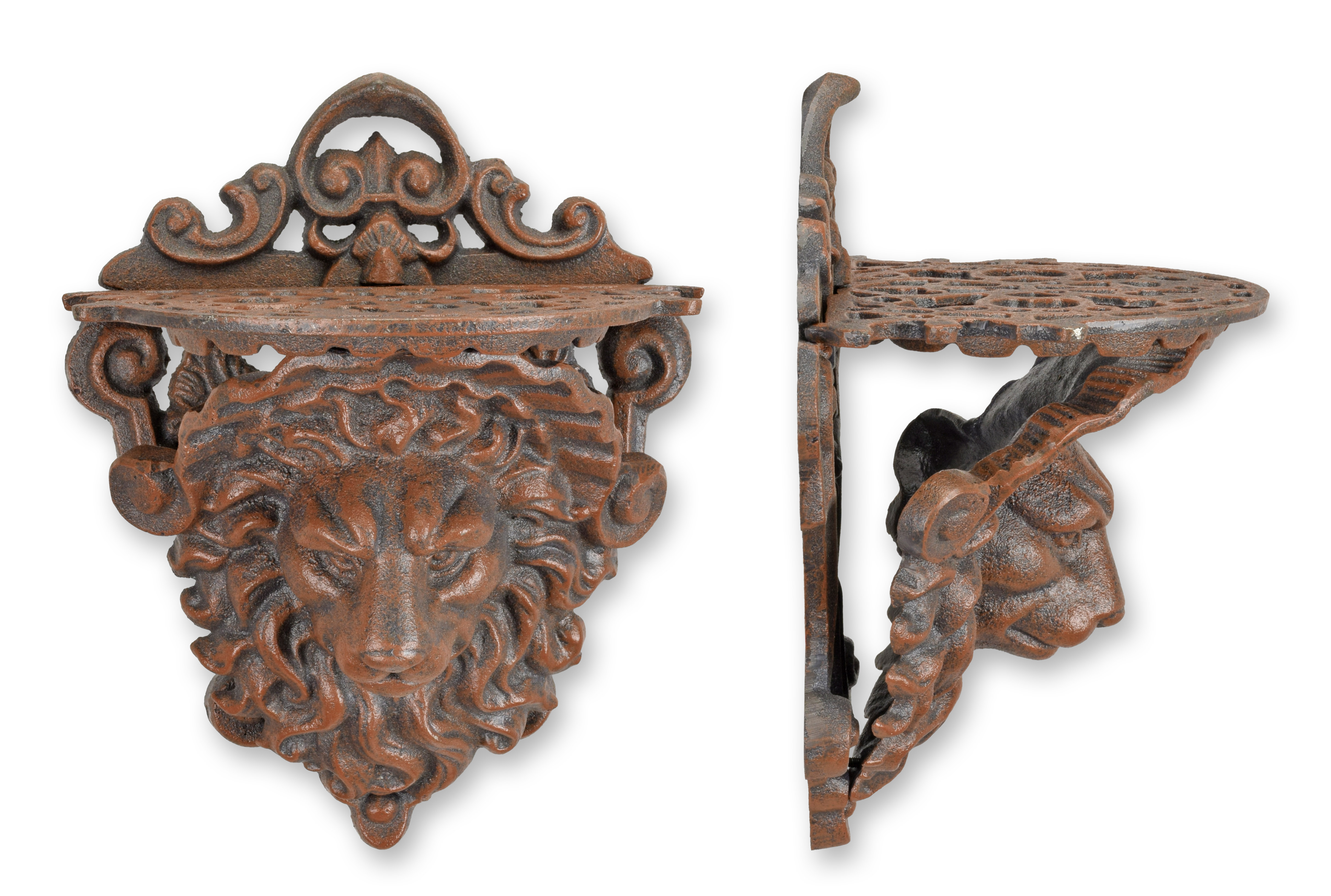 Consola de pared con cabeza de león de hierro fundido - marrón réplica diseño retro decoración Bronze, Holz, Schwert, Kreuz, Gesicht