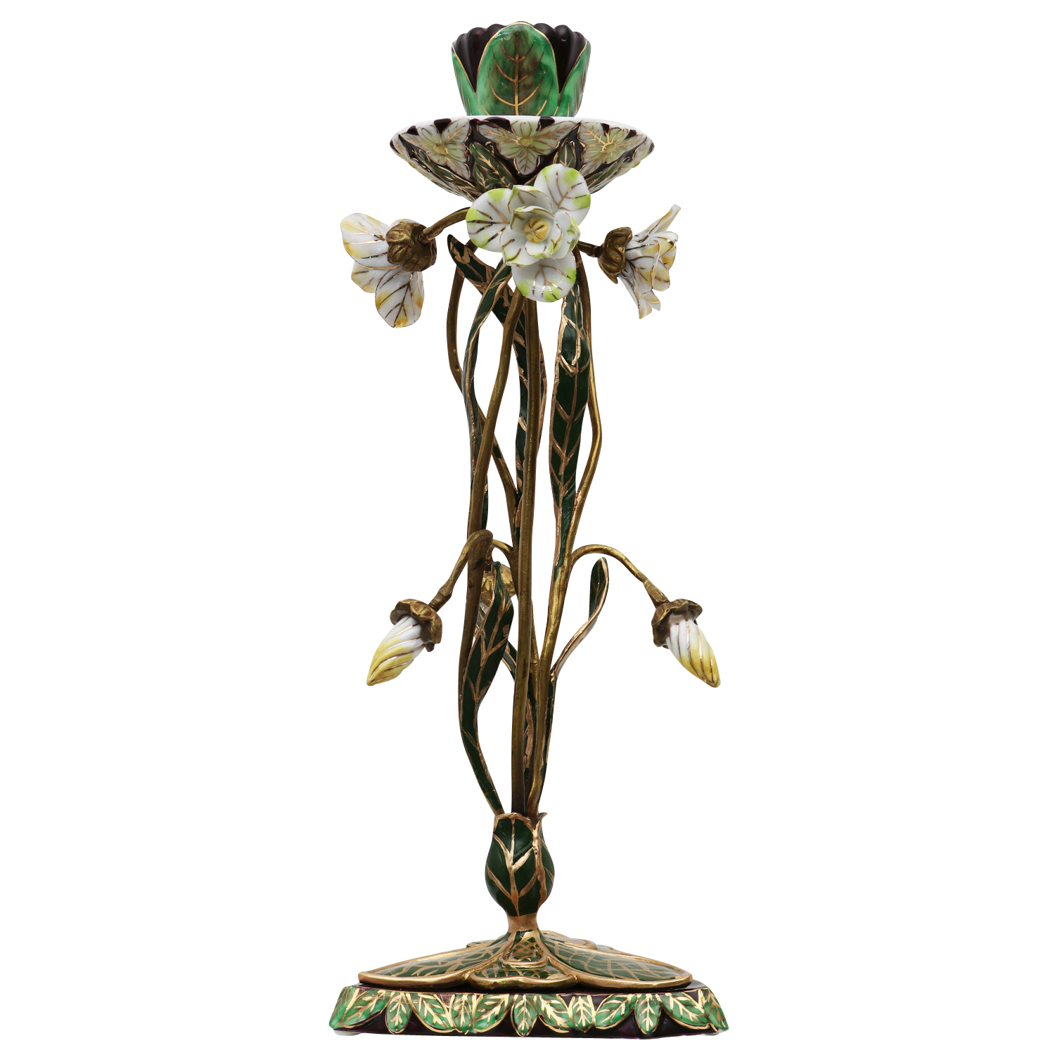 Kerzenständer Porzellan Messing Blume Rose Skulptur Antik-Stil 29cm