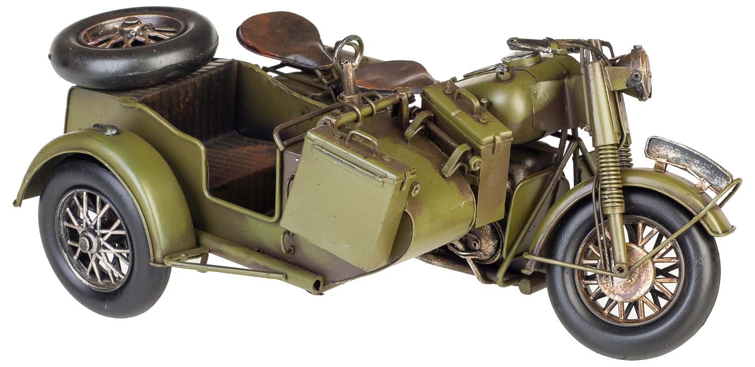 Modell Motorradgespann Blech Metall Motorrad Gespann Oldtimer Antik-Stil 36cm