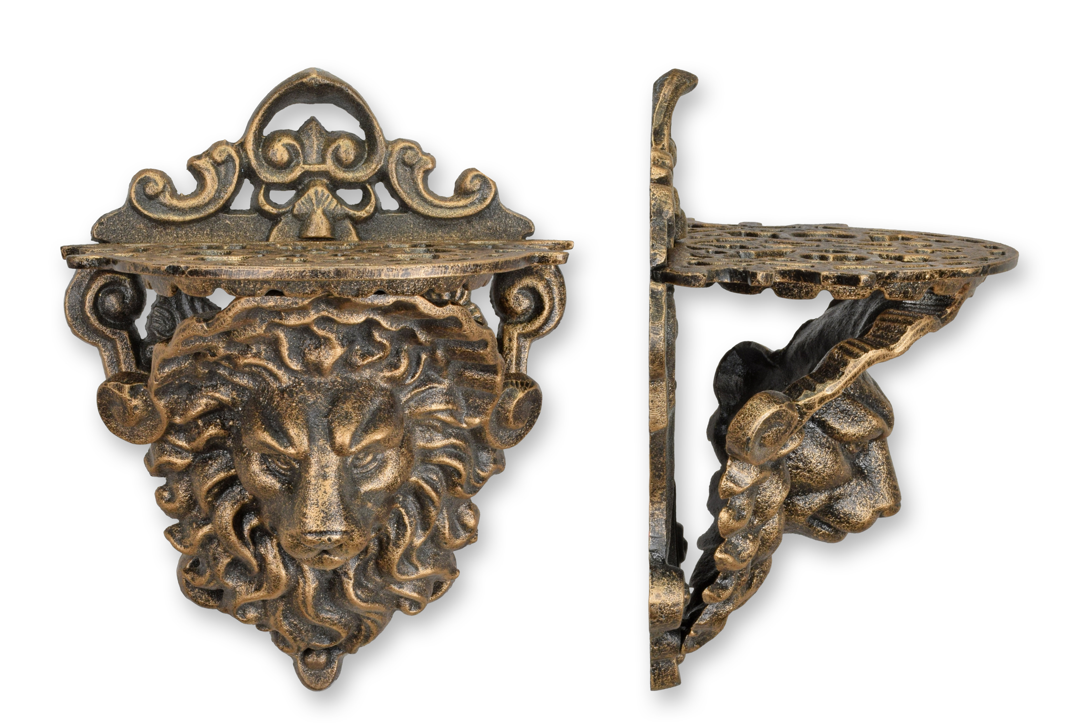 Consola de pared con cabeza de león de hierro fundido - aspecto bronce réplica diseño retro decoración Bronze, Gesicht, Kopf, Person