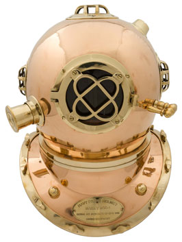 taucherhelm, kupfer, patentstahl, frontscheibe, ventil