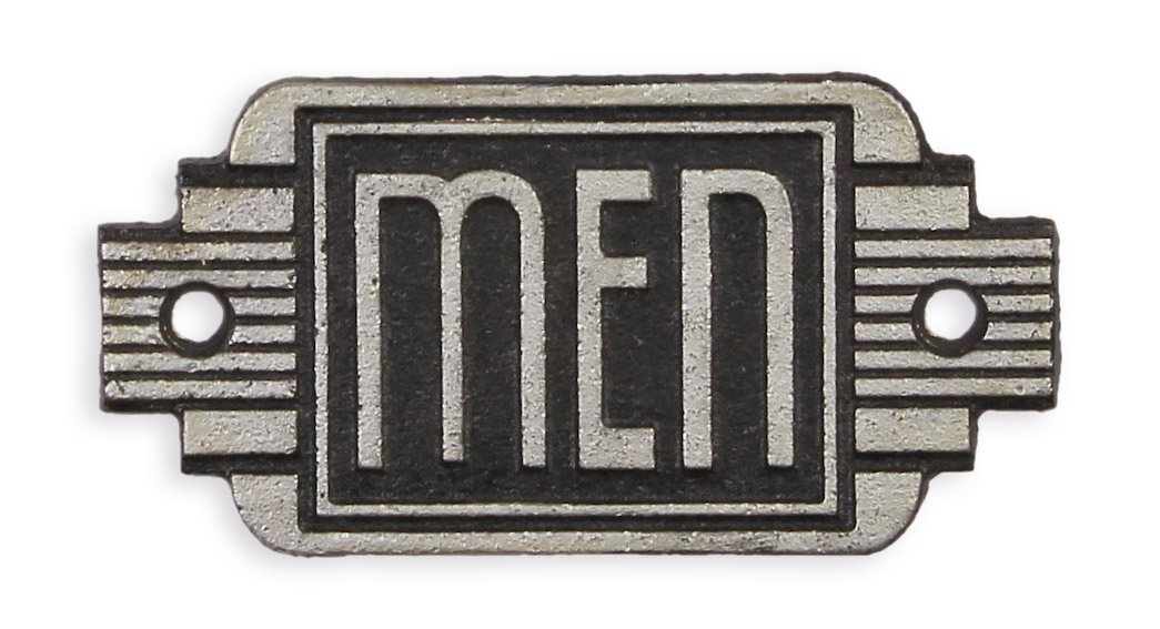 Un letrero art déco de hierro fundido con la palabra «men» (hombres). réplica diseño retro decoración