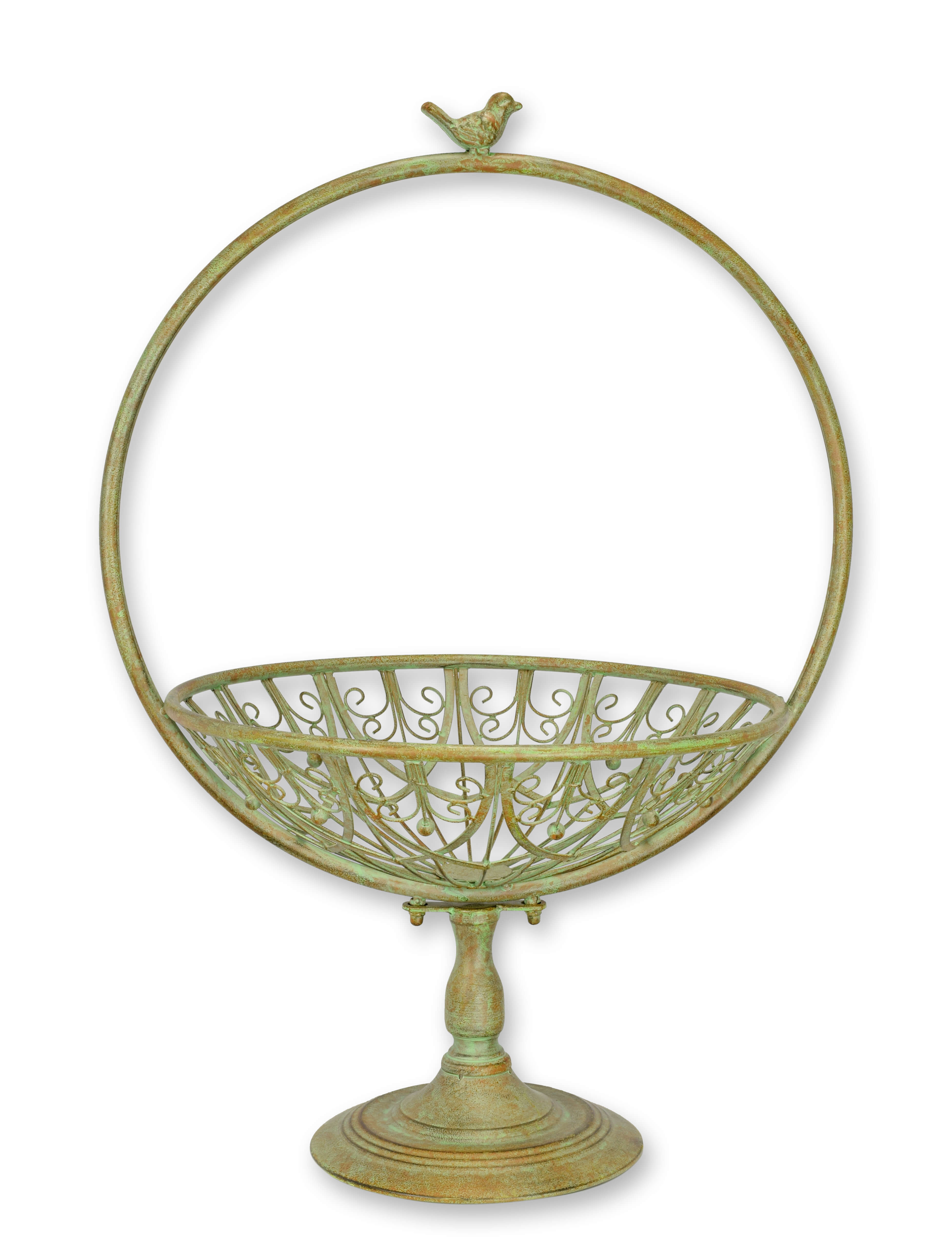 Filigrankorb, Metallständer, Grünliche Patina, ornamentärer Korb, Tischdeko