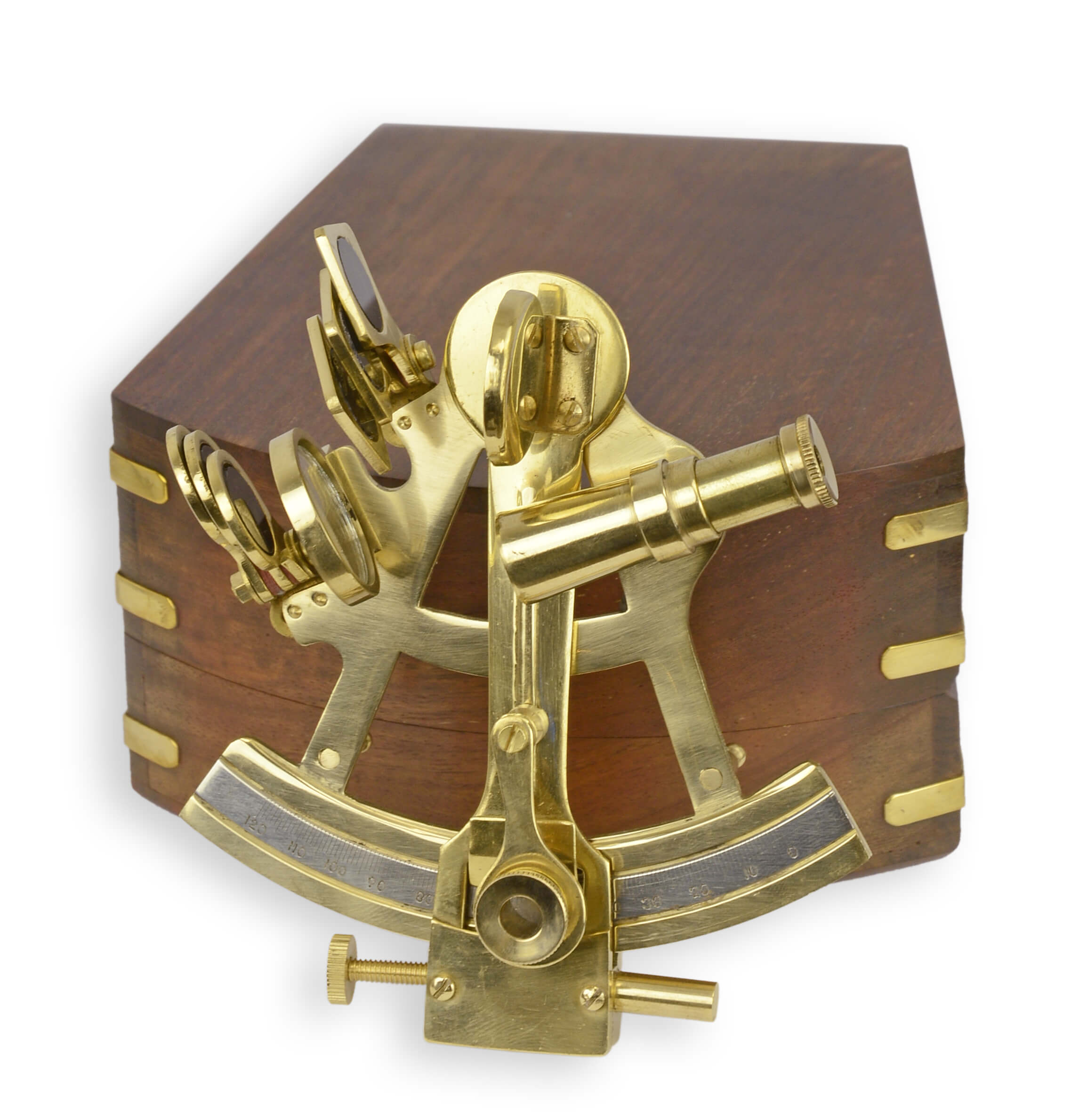 Un sextante de bronce en caja de madera réplica diseño retro decoración