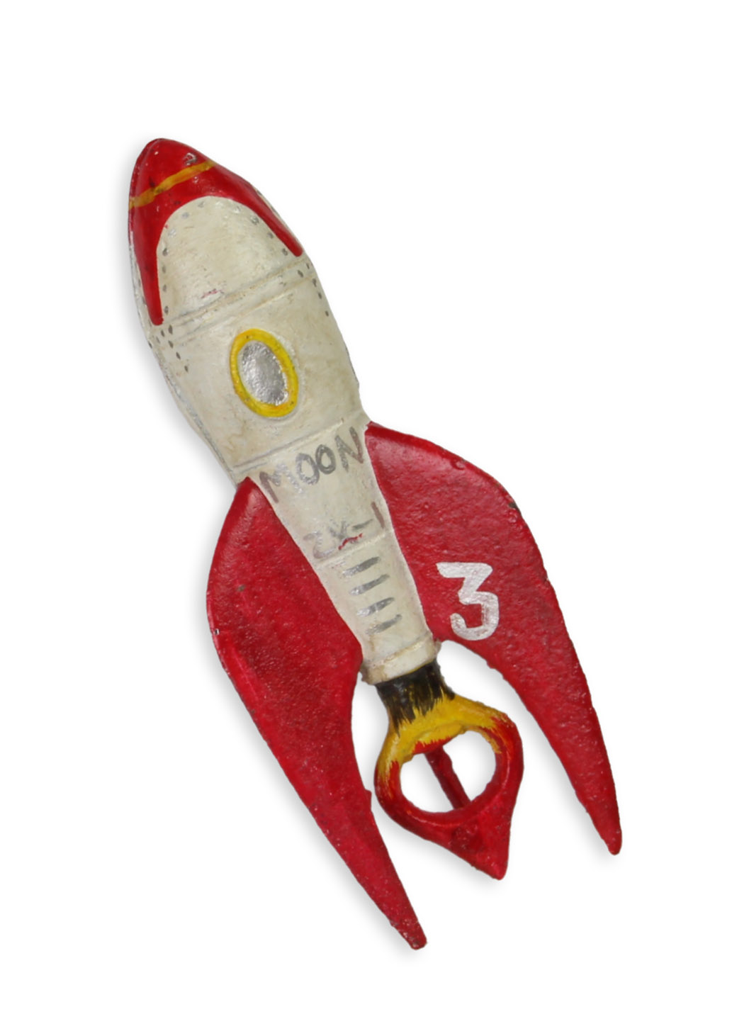 Un abrebotellas de hierro fundido con forma de cohete. réplica diseño retro decoración