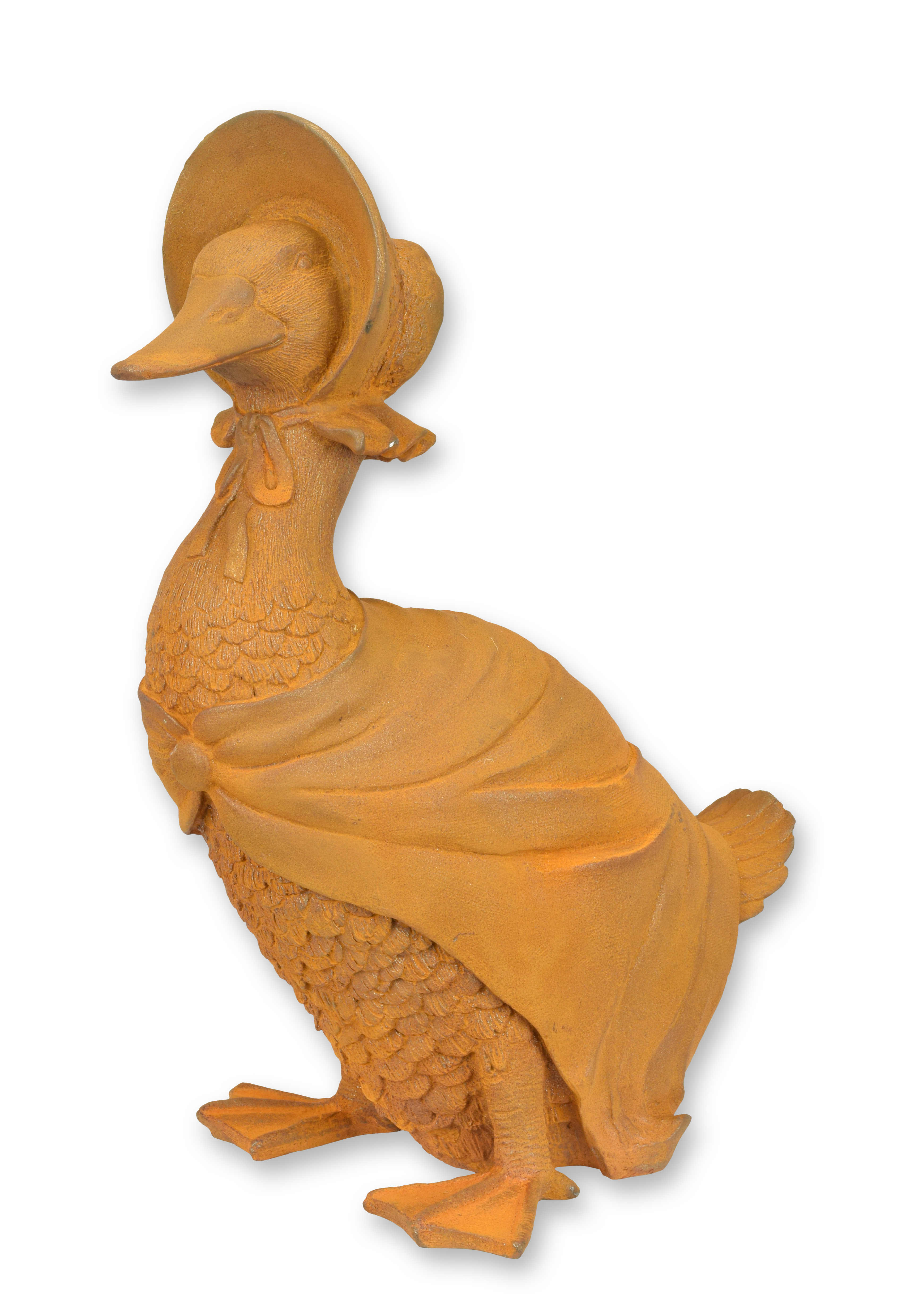 Una figurita de hierro fundido oxidada de la madre gansa. réplica diseño retro decoración
