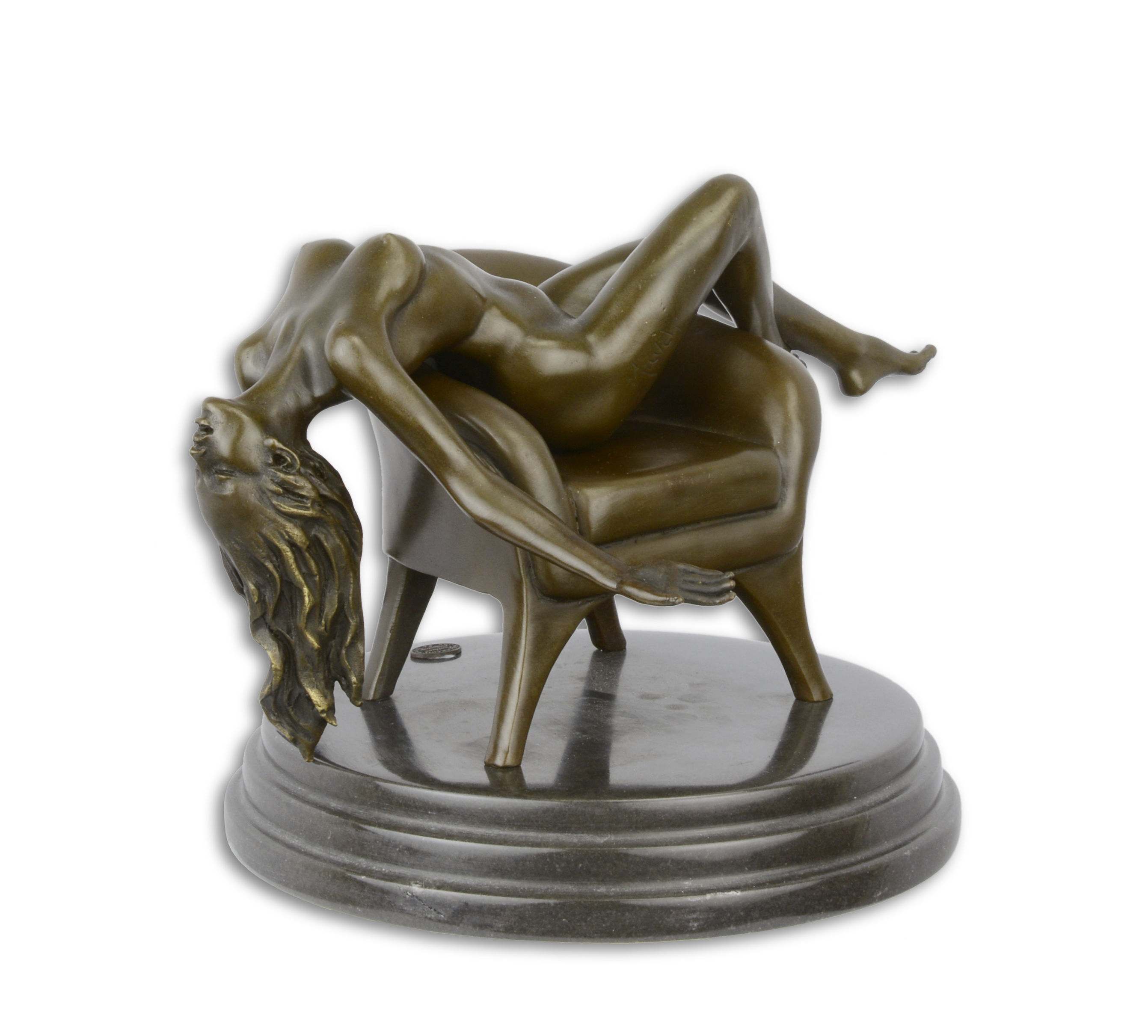 Escultura de bronce mujer en sillón arte desnudo erótico figura estilo antiguo