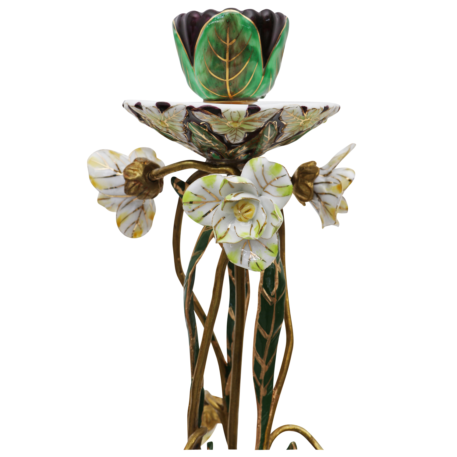 Kerzenständer Porzellan Messing Blume Rose Skulptur Antik-Stil 29cm