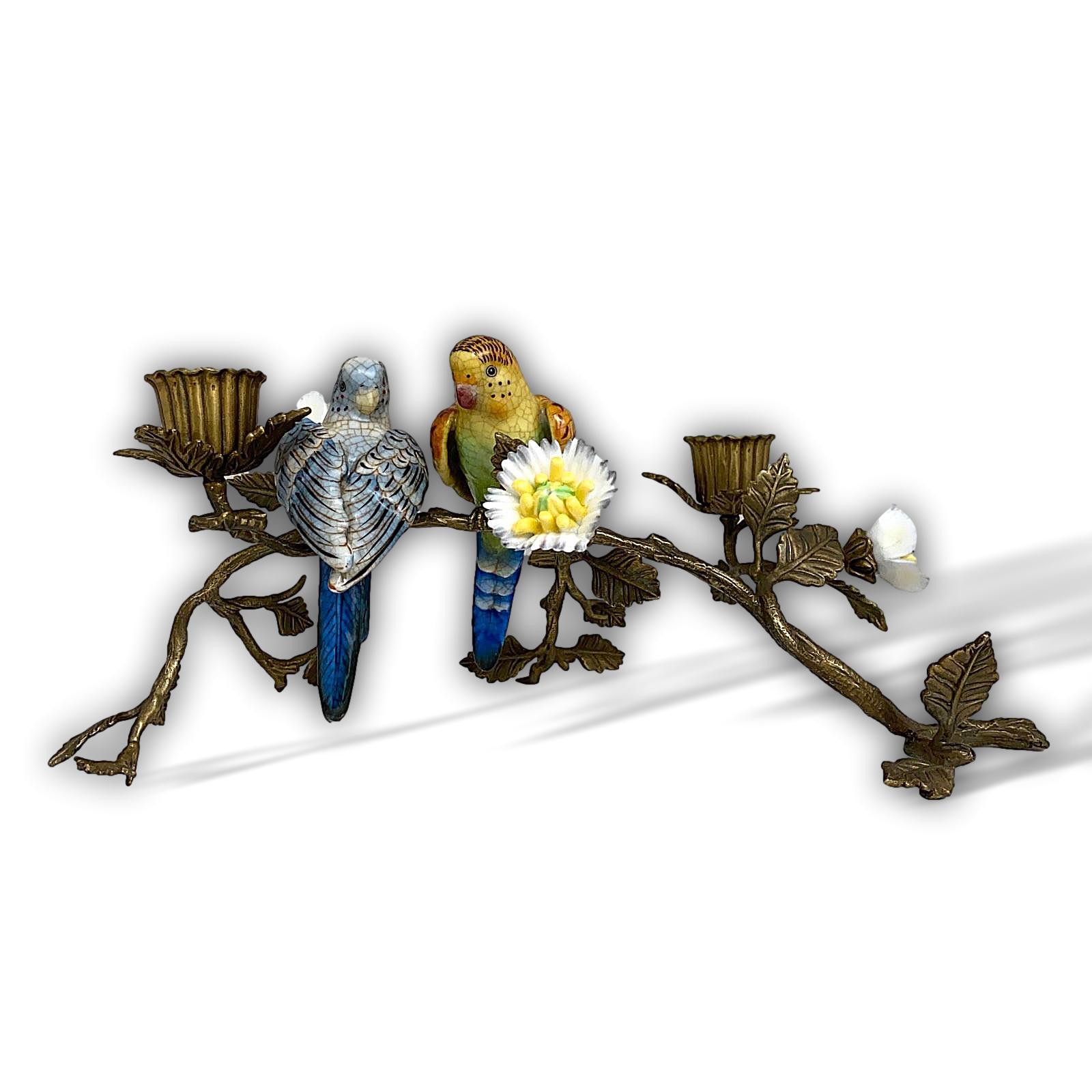 PT-215-1a Kerzenständer Porzellan Messing Vogel Skulptur Antik-Stil 38cm