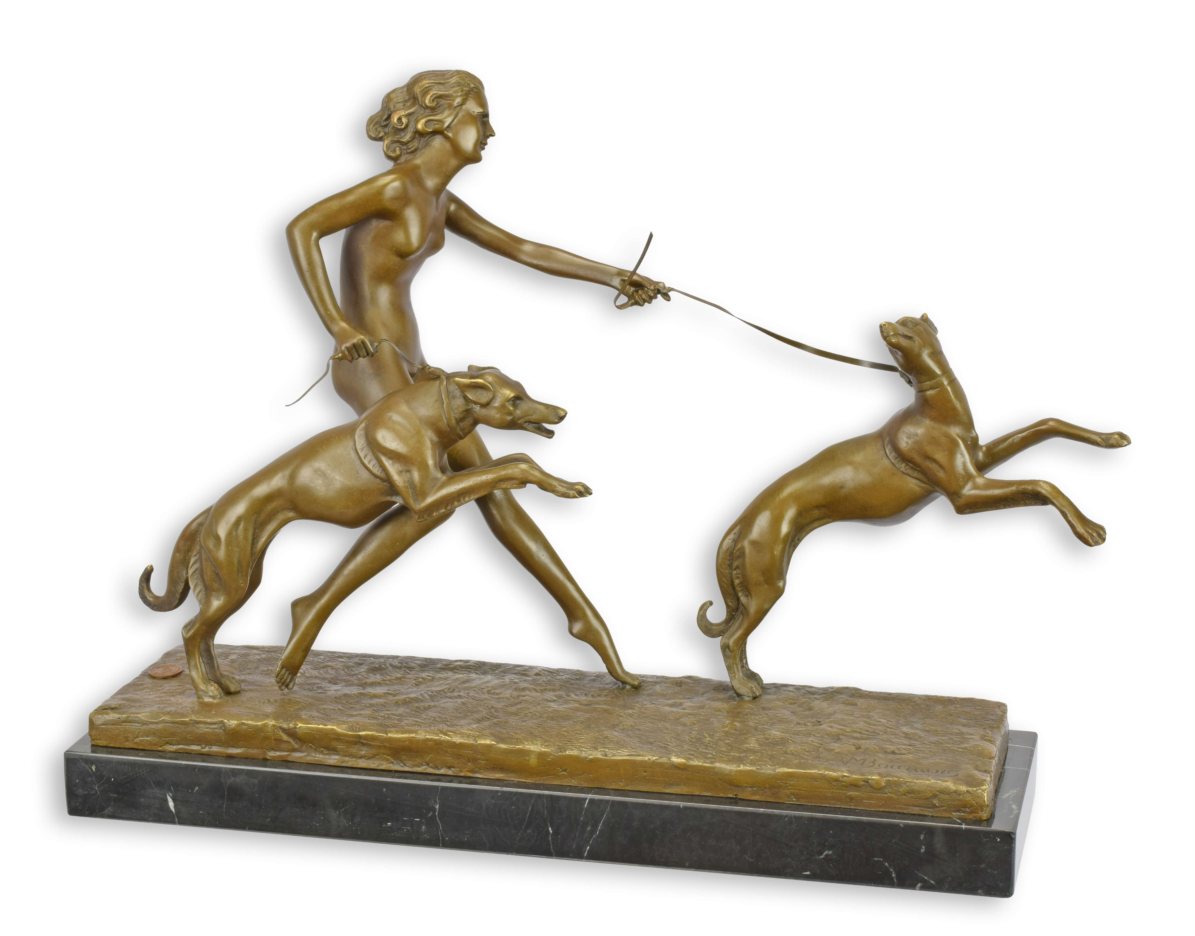 Escultura de bronce mujer con perros según Bouraine réplica diseño retro decoración