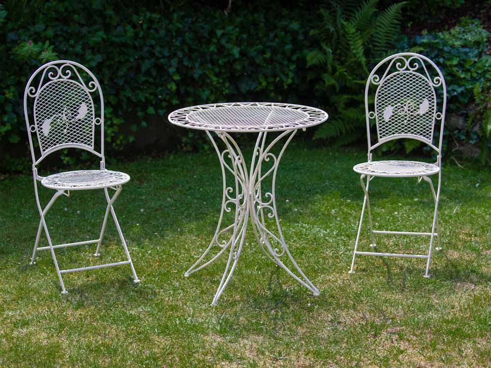 GARTENGARNITUR SET TISCH GARTENTISCH 2 STÜHLE METALL ANTIK STIL WEISS GARTEN